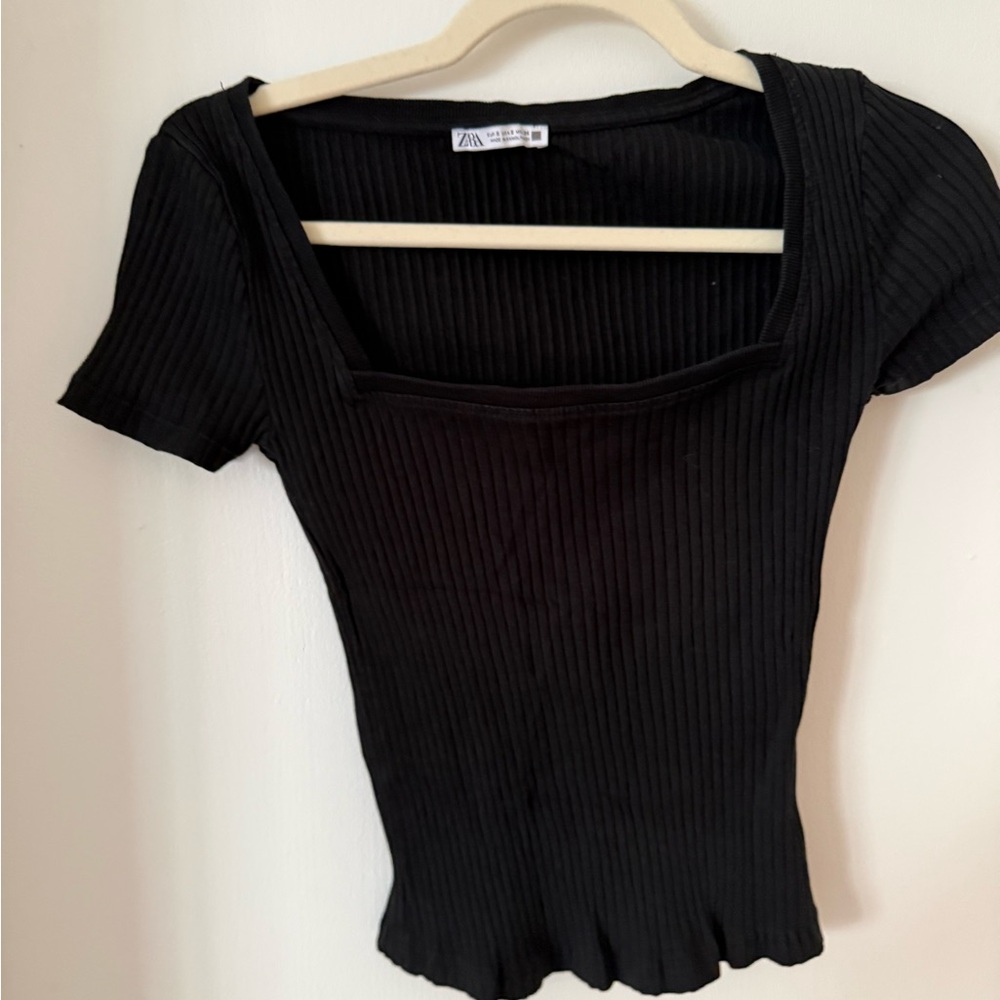 Zara Black Ribbed Square Neck Top